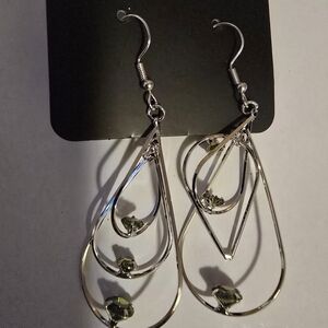 Silver-Tone Teardrop Dangle Earrings with Olive Crystal Accents